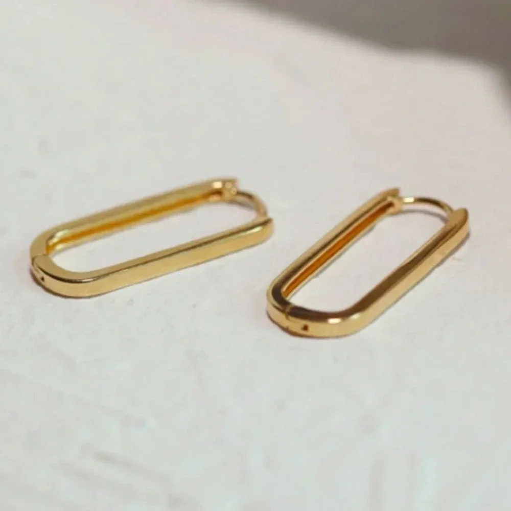 925 Sterling Silver Long Gold Oval Hoop Earrings Gold Minimalist Huggies
